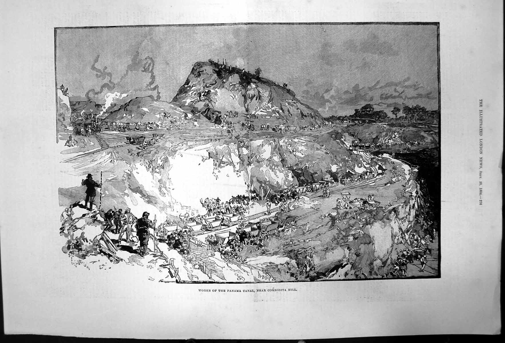 Original Old Antique Print Works Panama Canal Near Corrosita Hill 1884 19th