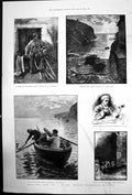 Original Old Antique Print Cadgwith Cove Splitting Wood Birmingham Canal 1884