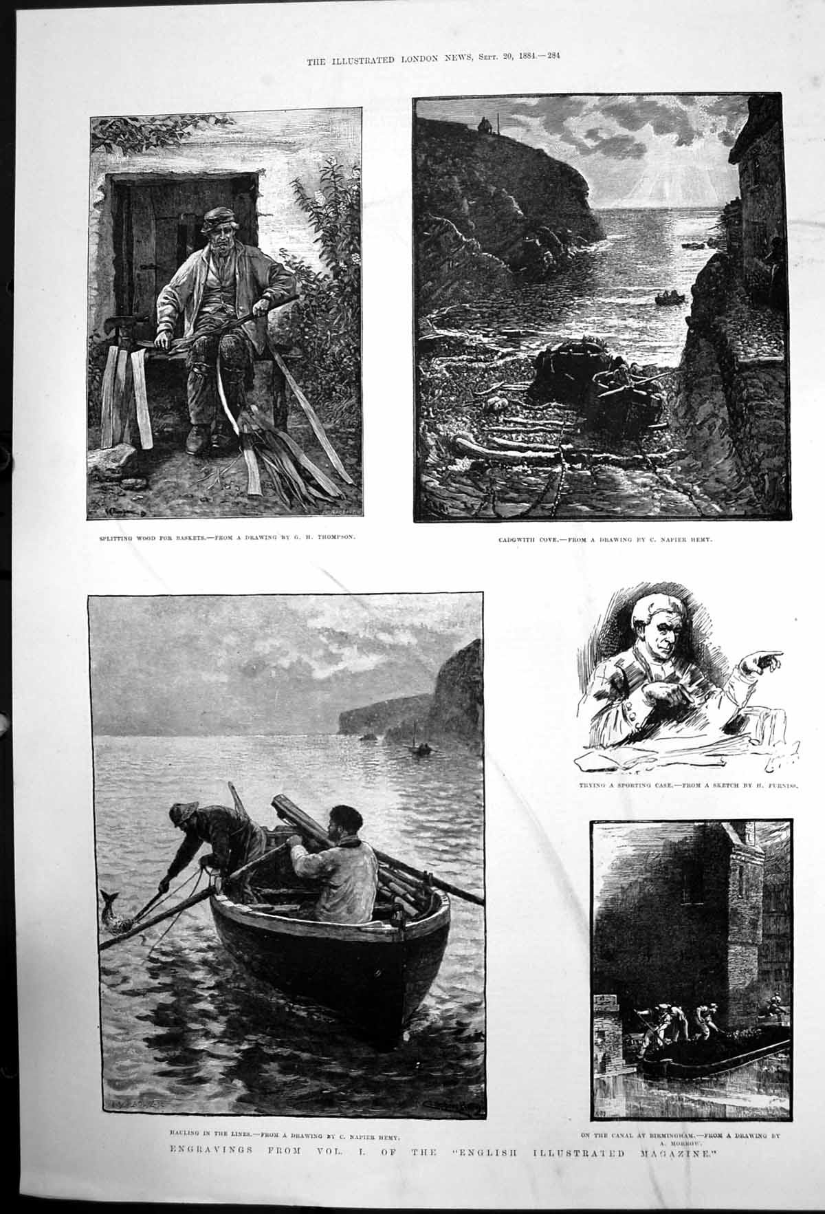Original Old Antique Print Cadgwith Cove Splitting Wood Birmingham Canal 1884