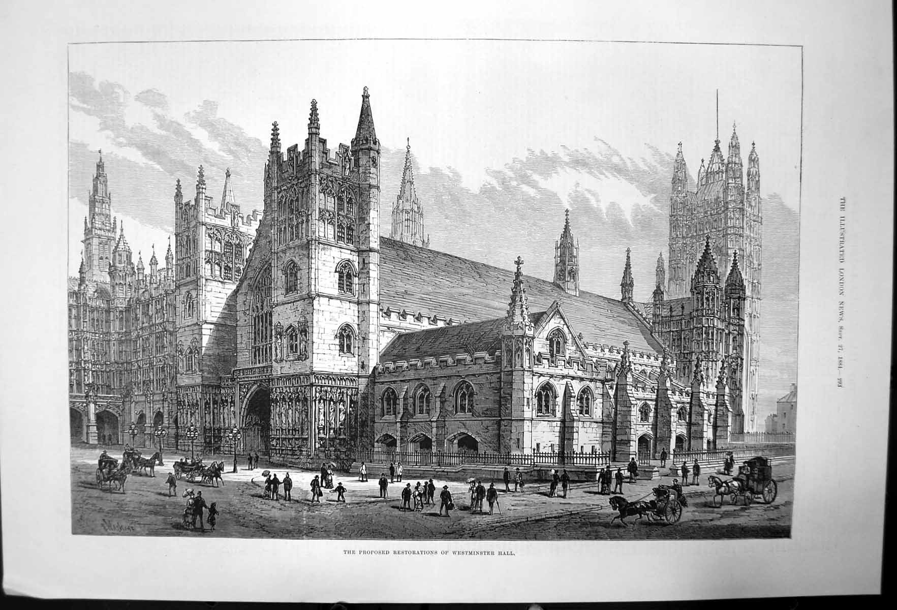Original Old Antique Print Proposed Restrations Westminster Hall 1884 Victorian