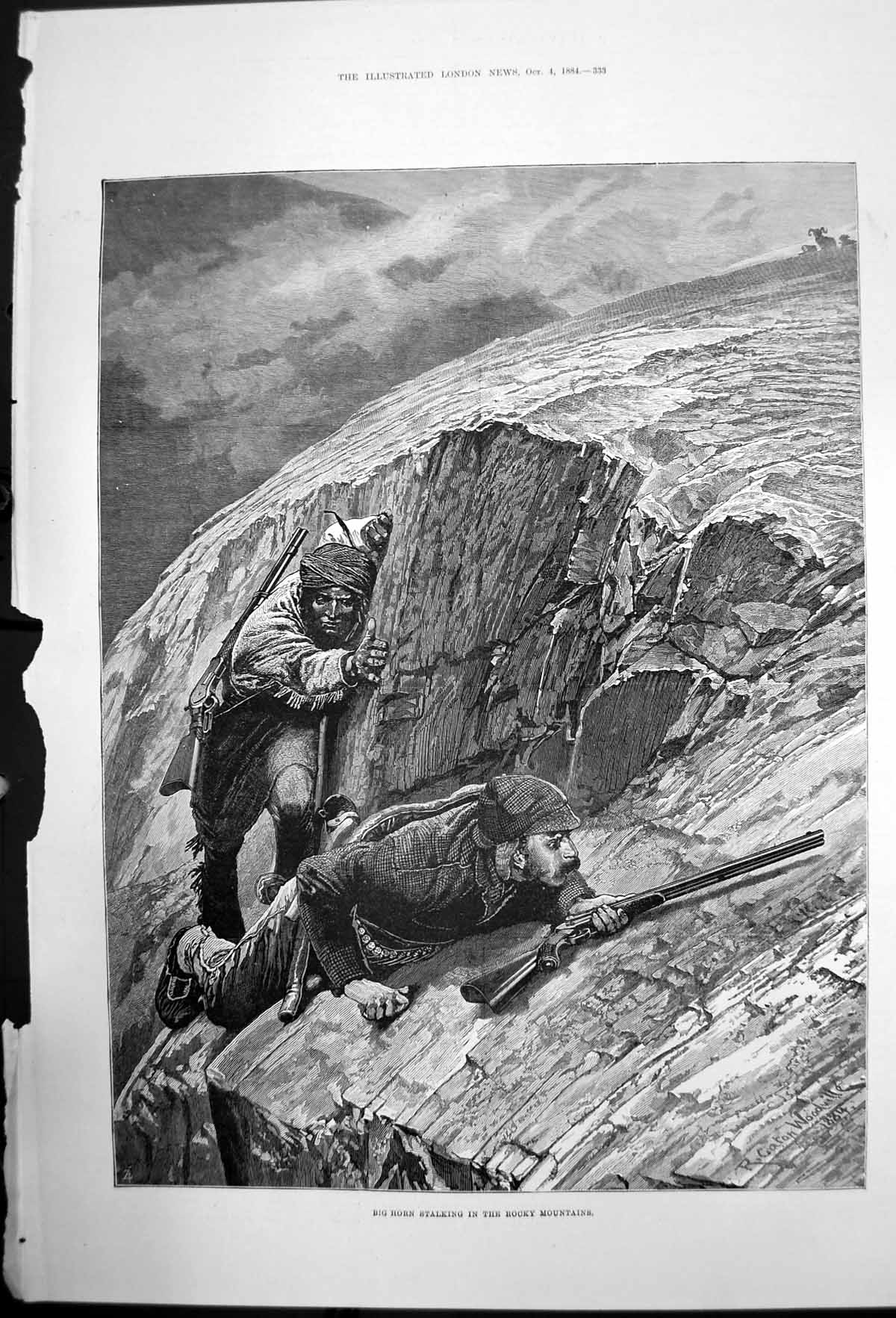 Original Old Antique Print Big Horn Stalking In Rocky Mountains 1884 Victorian