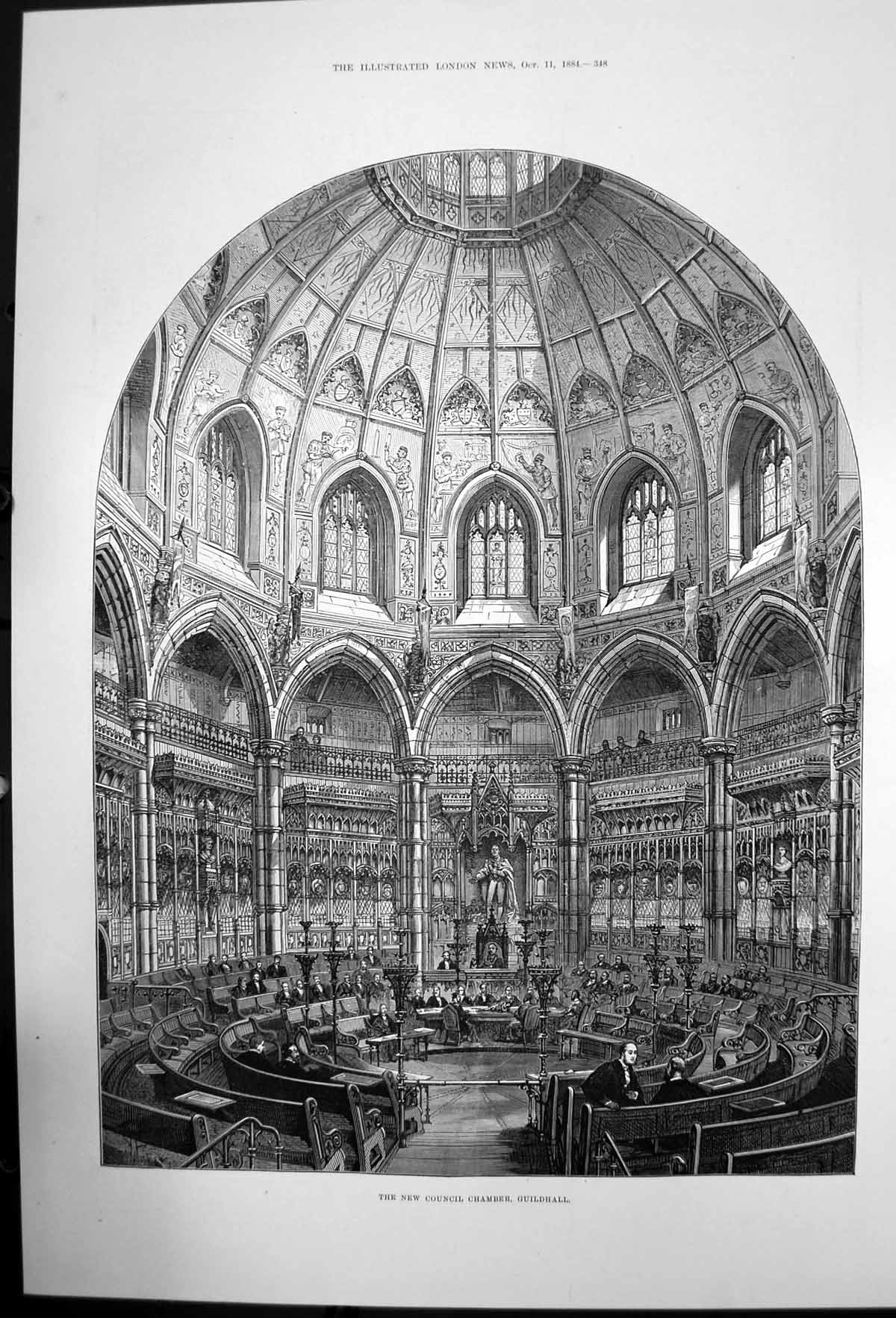 Original Old Antique Print New Council Chamber Guildhall 1884 19th