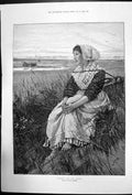 Original Old Antique Print Waiting For The Boats By Lionel Smythe 1887 19th