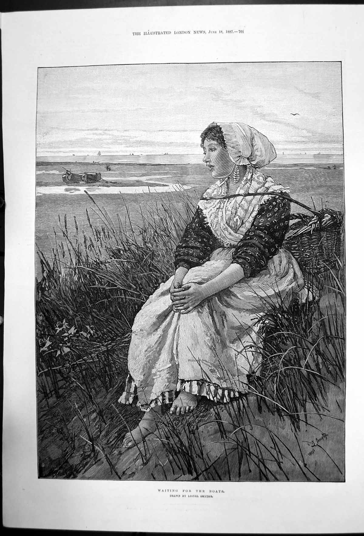 Original Old Antique Print Waiting For The Boats By Lionel Smythe 1887 19th