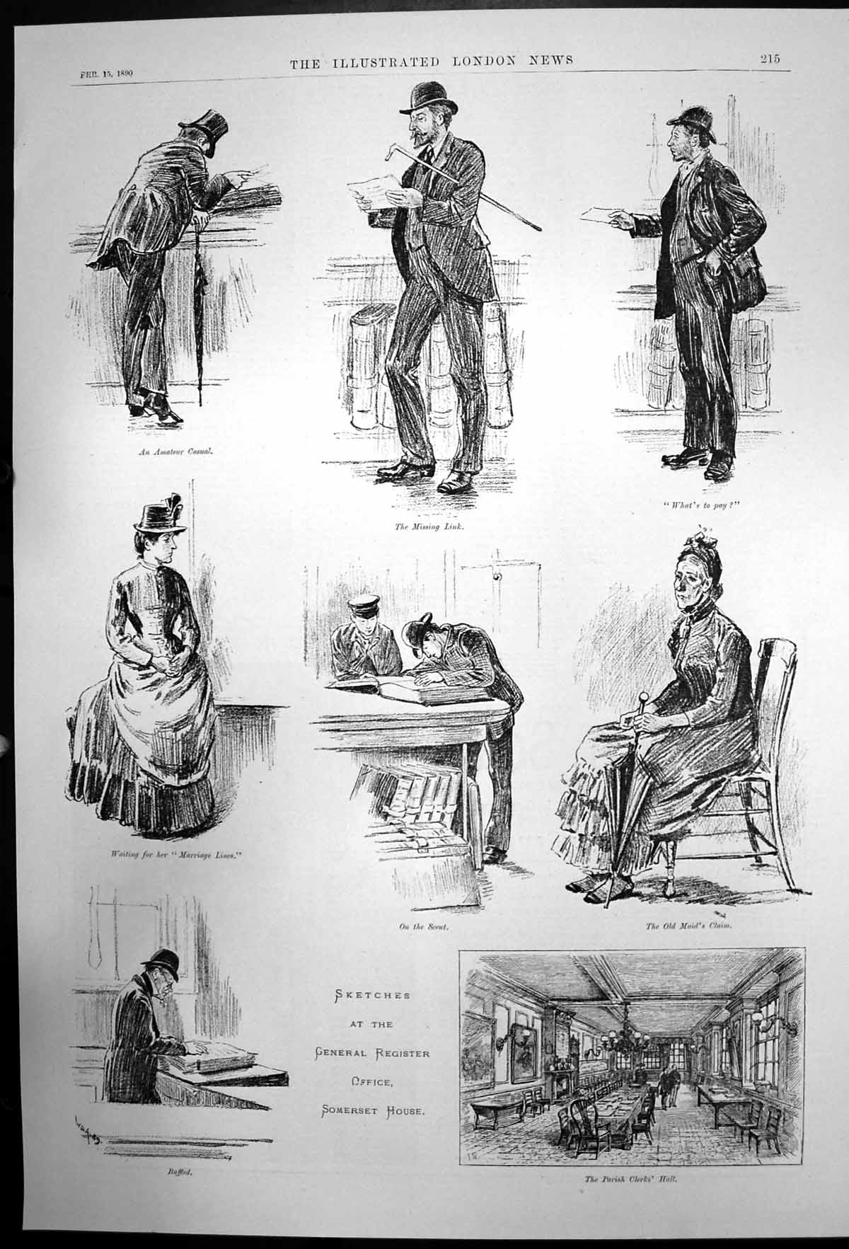 Original Old Antique Print General Register Office Somerset House 1890 19th