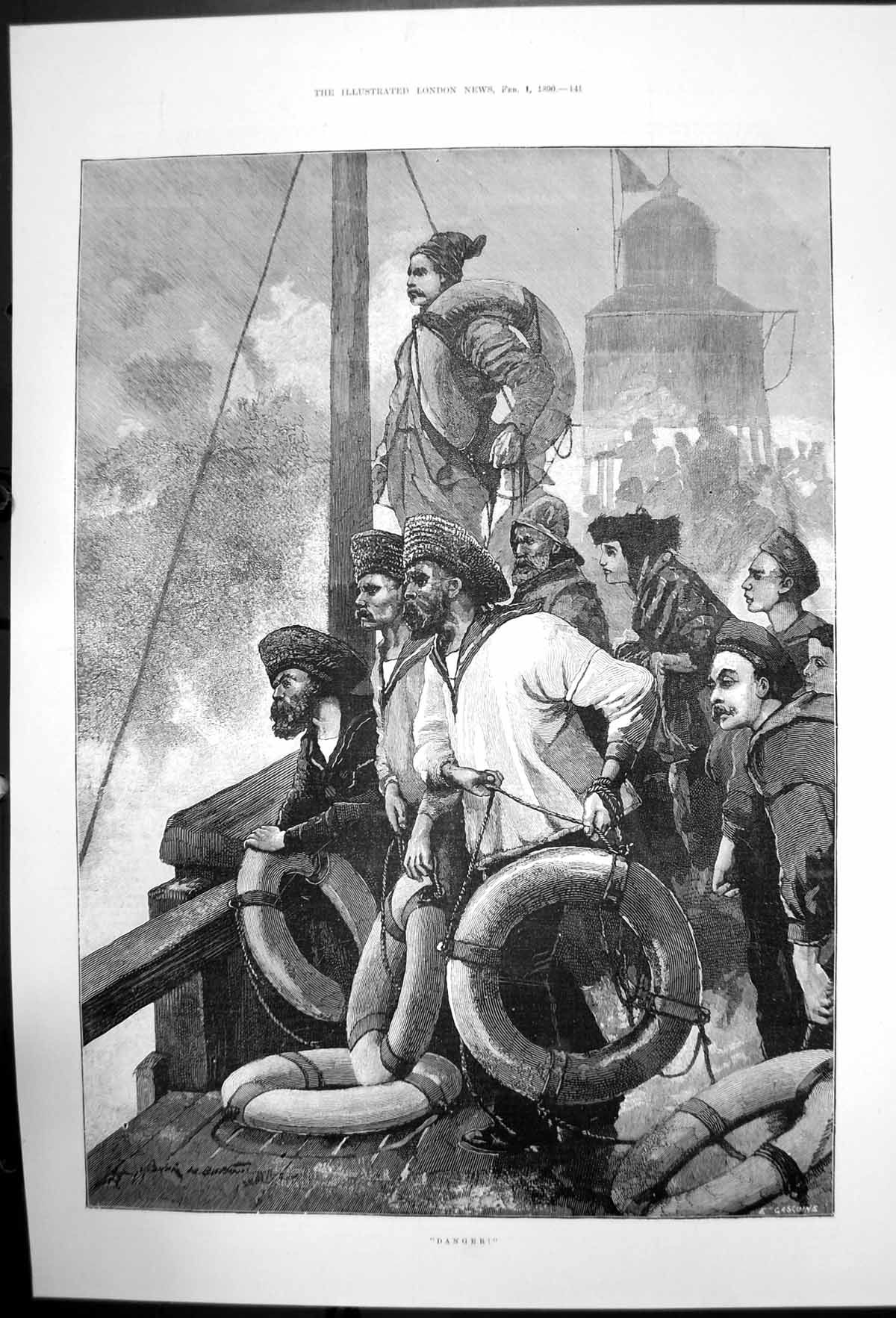 Original Old Antique Print Danger Stormy Seas Men With Lifebelts 1890 Victorian