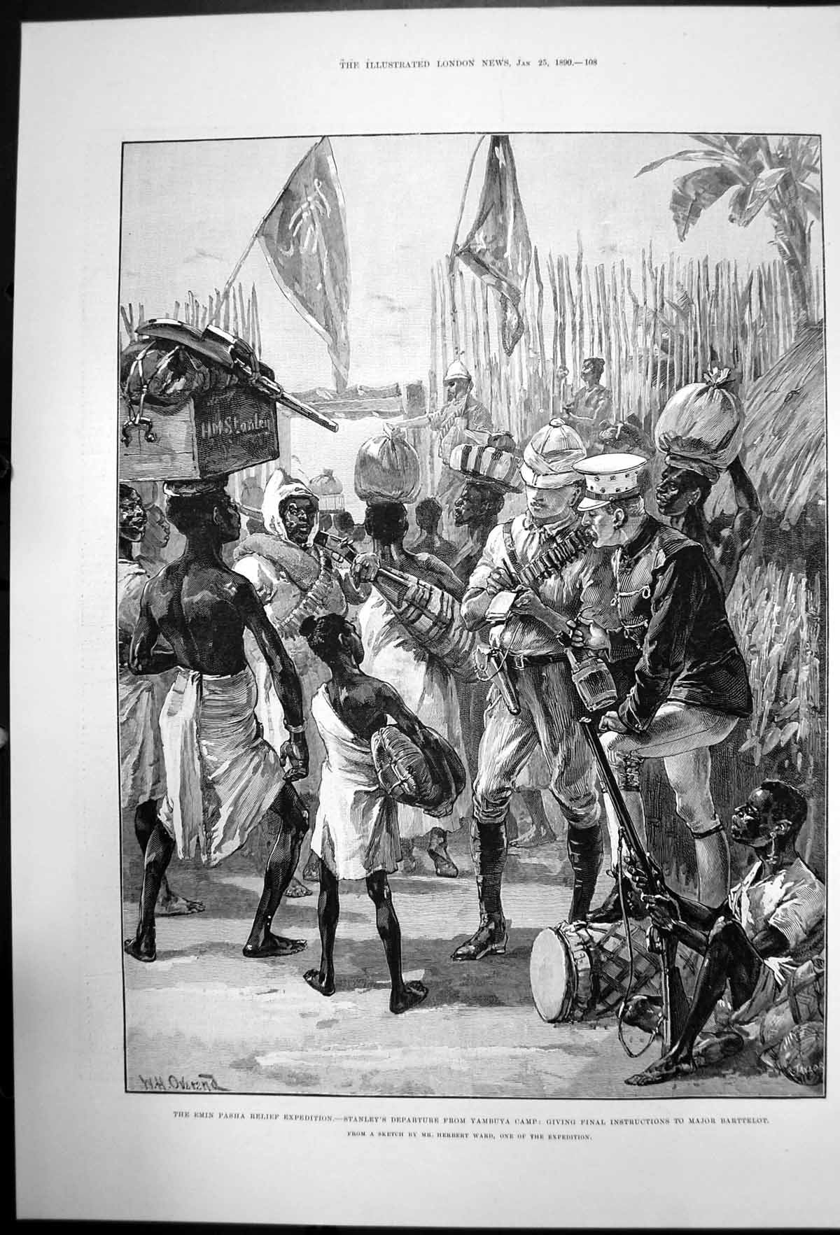 Original Old Antique Print Stanley Instuctions Major Bartelot Yambuya Camp 1790