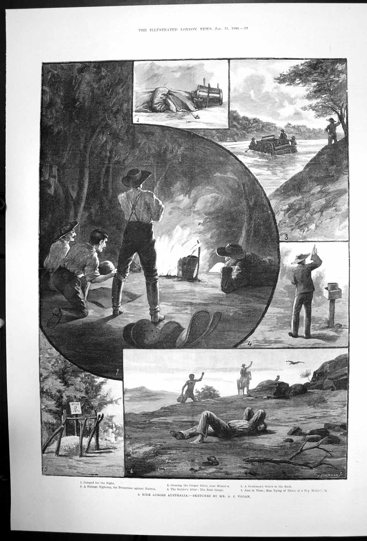 Old Antique Print Ride Across Australia Cooper River Stockmans Grave 1890 19th
