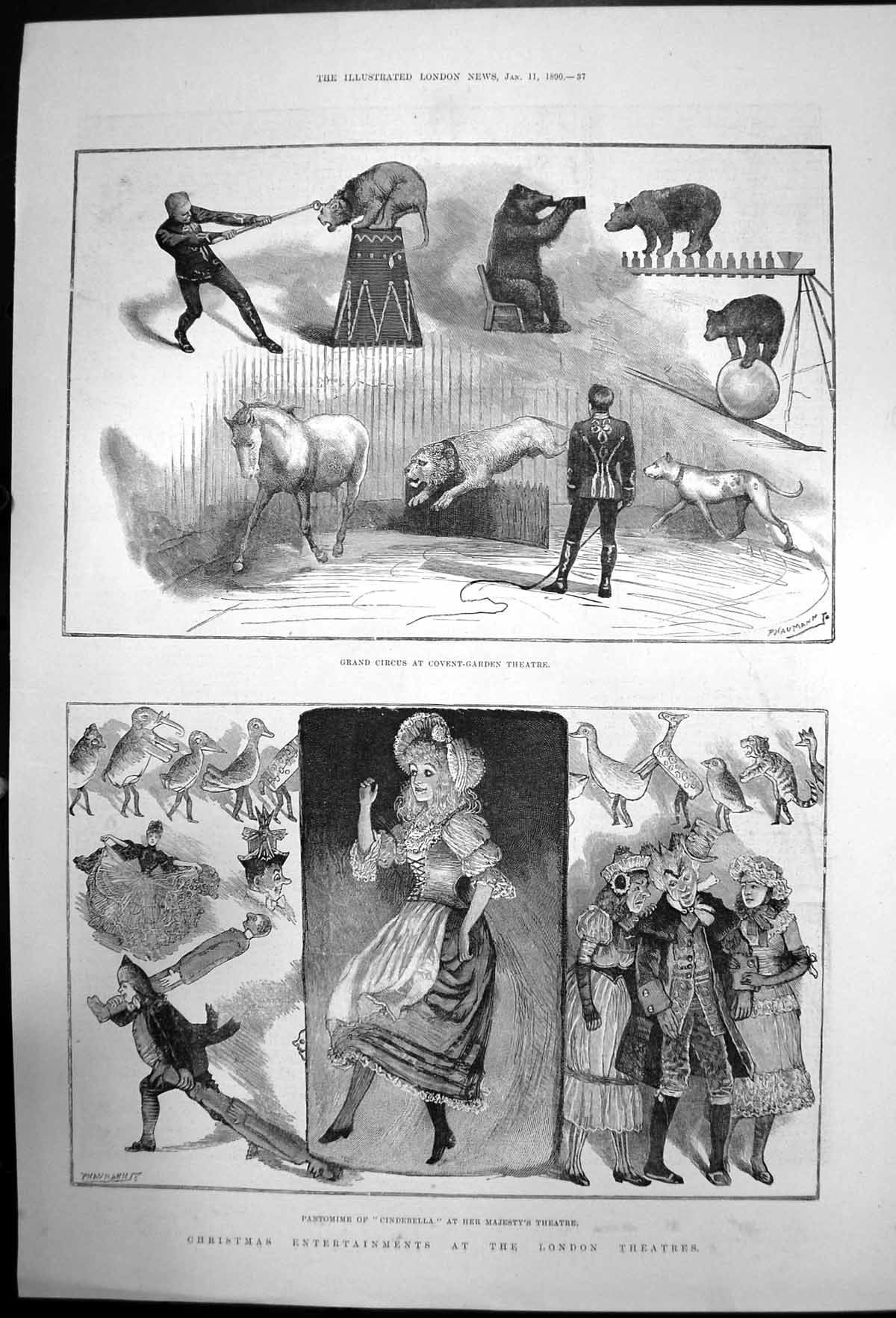 Old Antique Print Pantomine Cinderella Her Majestys Theatre London 1890 19th