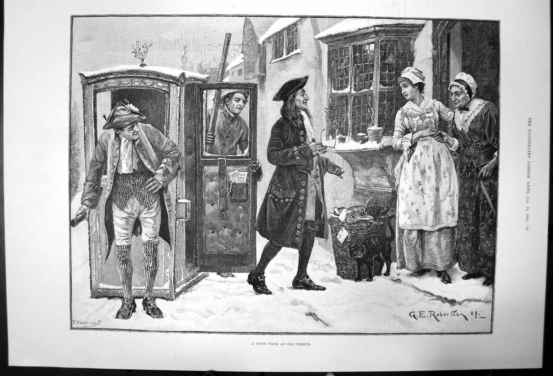 Original Old Antique Print Visit From An Friend Snow Scene Ge Robertson 1890