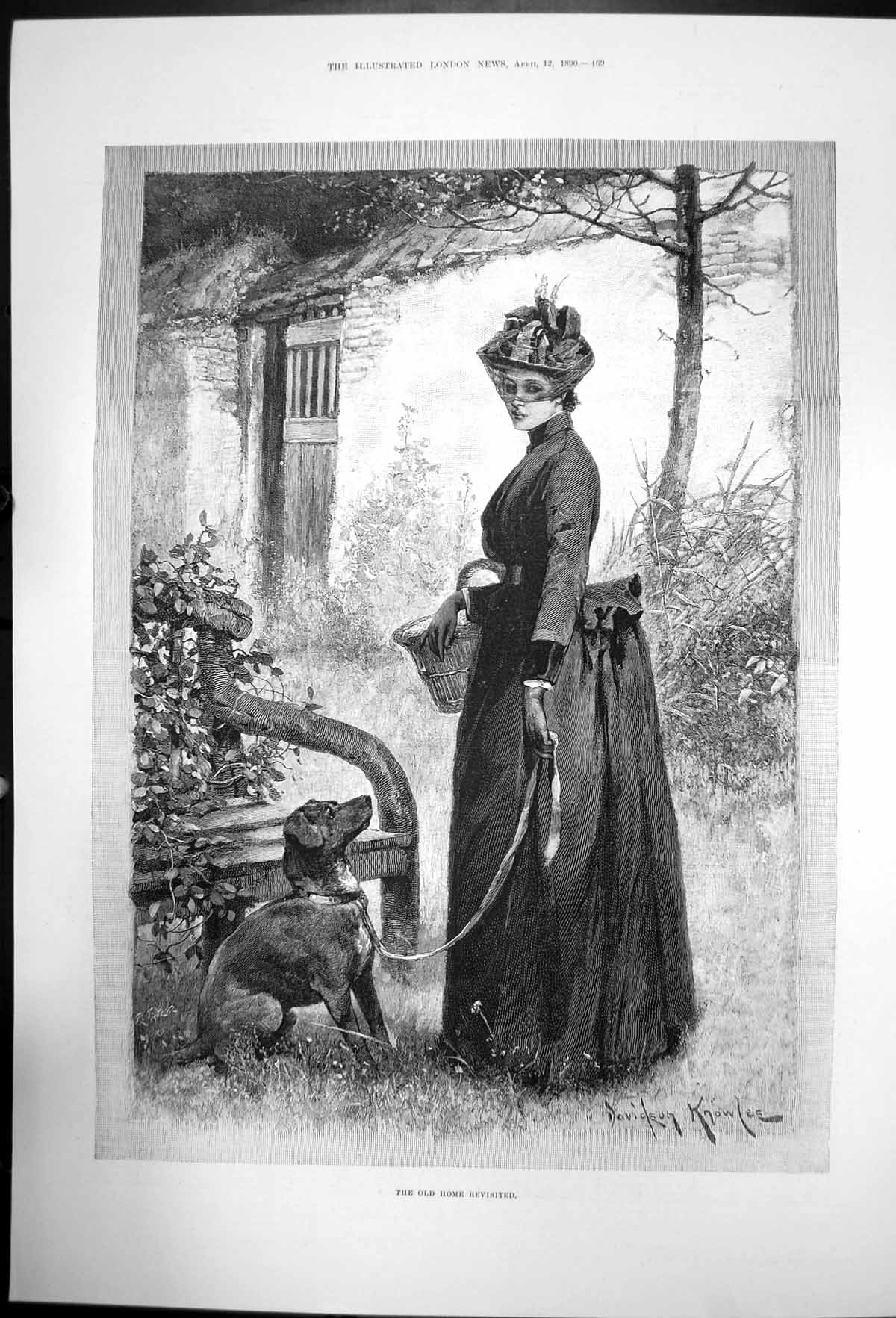 Original Old Antique Print Home Reviseted Davidson Knowles Lady & Dog 1890 19th