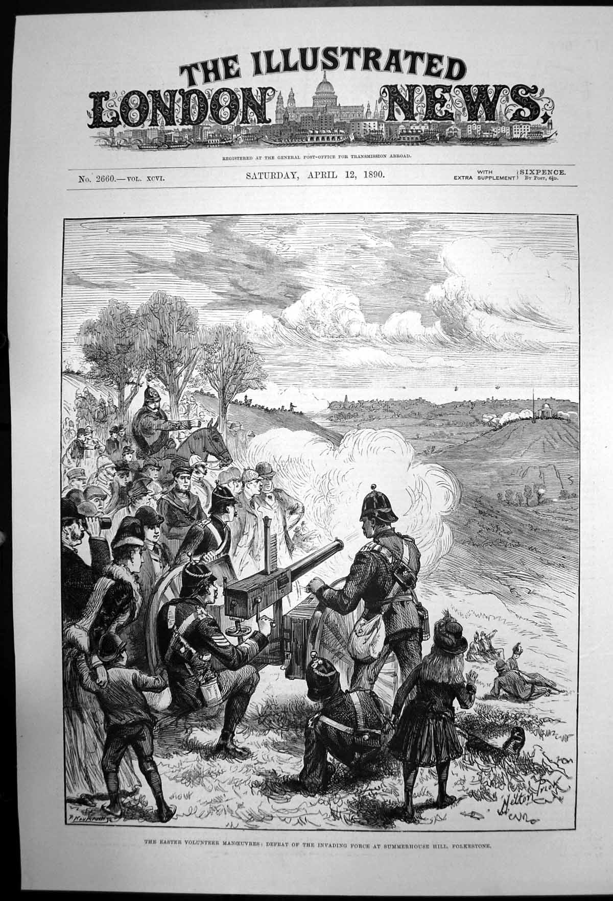 Antique Old Print Easter Volunteer Manoeuvres Defeat Summerhouse Hill 1890 19th