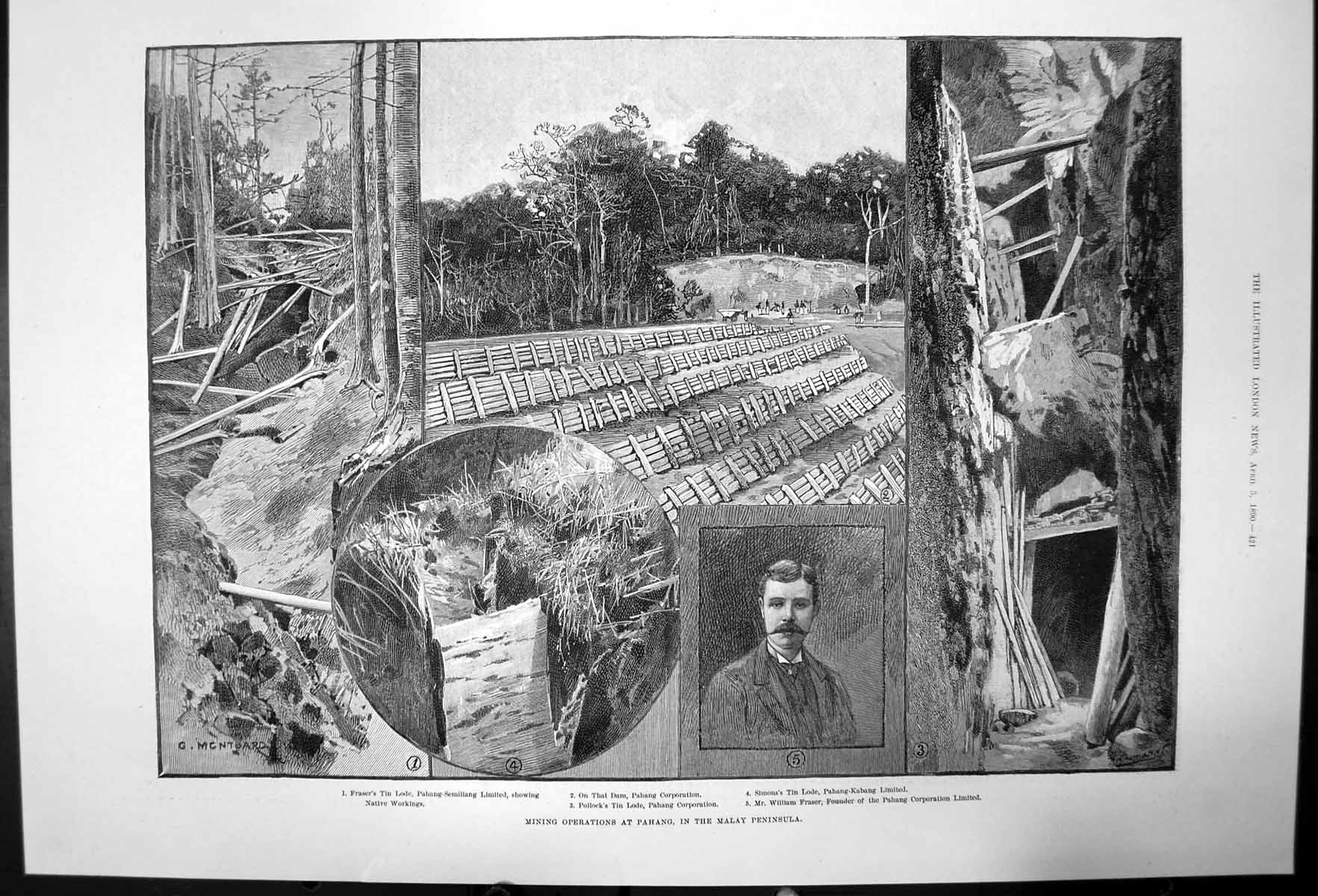 Old Antique Print Mining Operations Pahang William Fraser Tin Lodges 1890 19th