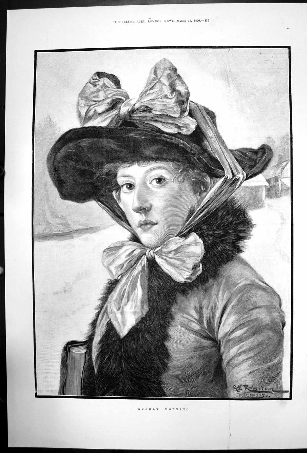 Original Old Antique Print Sunday Morning Ge Robertson Lady Wearing Hat 1890