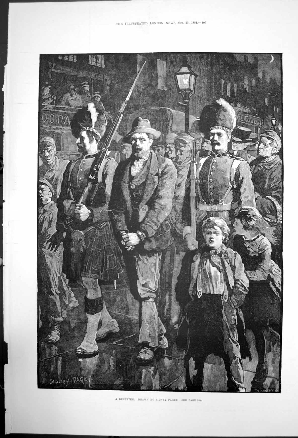 Original Old Antique Print A Deserter Sidney Paget Group Armed Siers 1884 19th