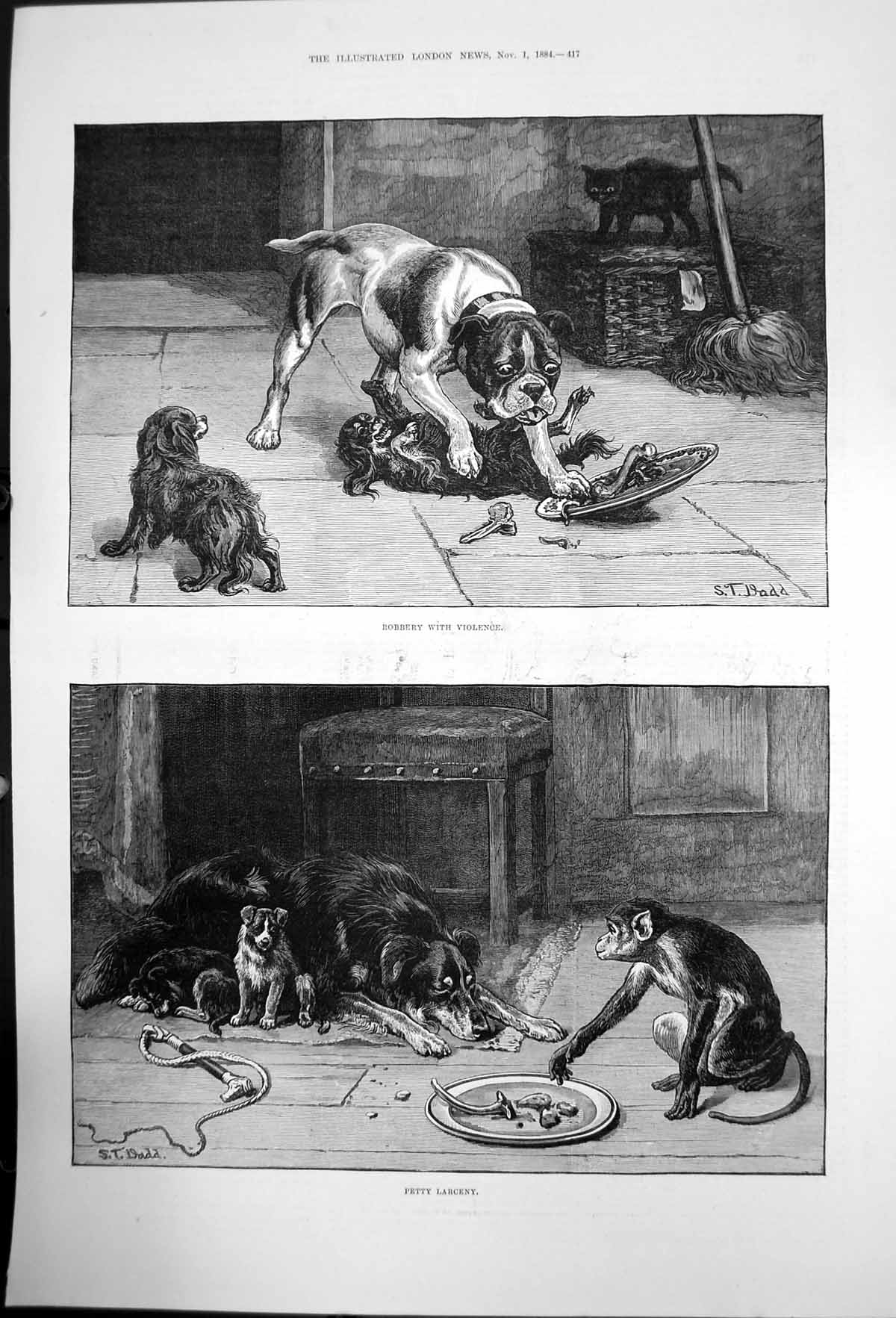 Antique Old Print Robbery With Violence Petty Larceny St Vadd Dogs Monkey1884
