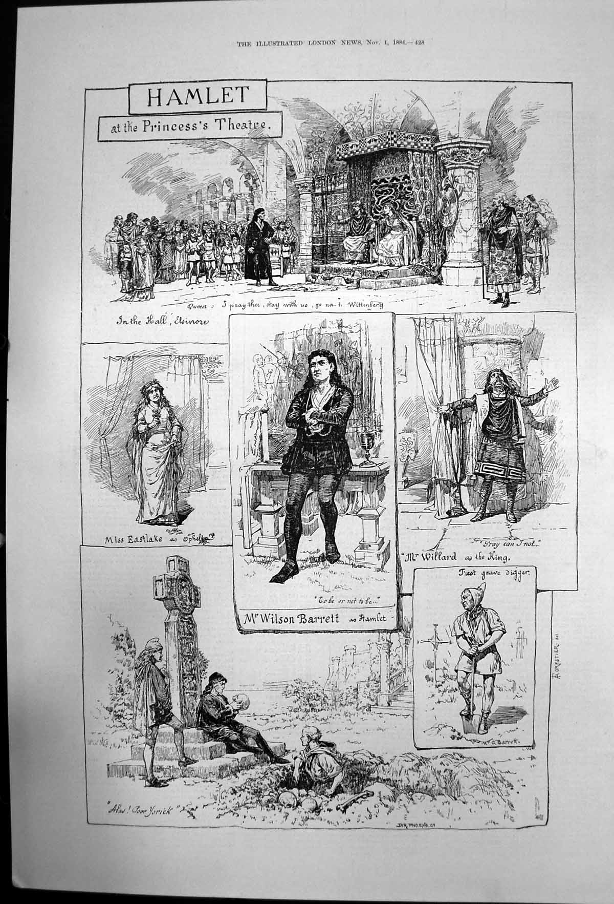 Antique Old Print Hamlet Princesss Theatre Wilson Barrett Miss Eastlake 1884