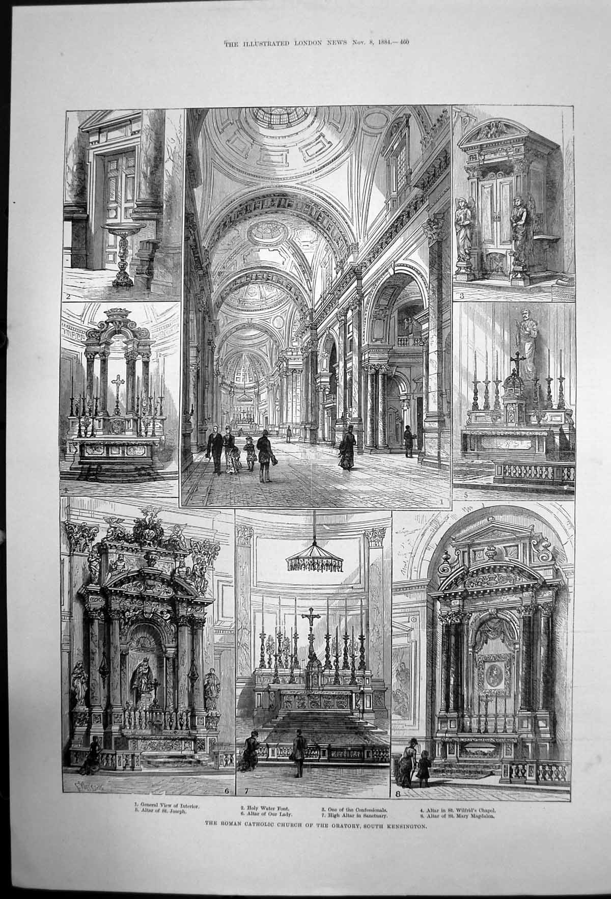 Original Old Antique Print Roman Catholic Church Oratory South Kensington 1884