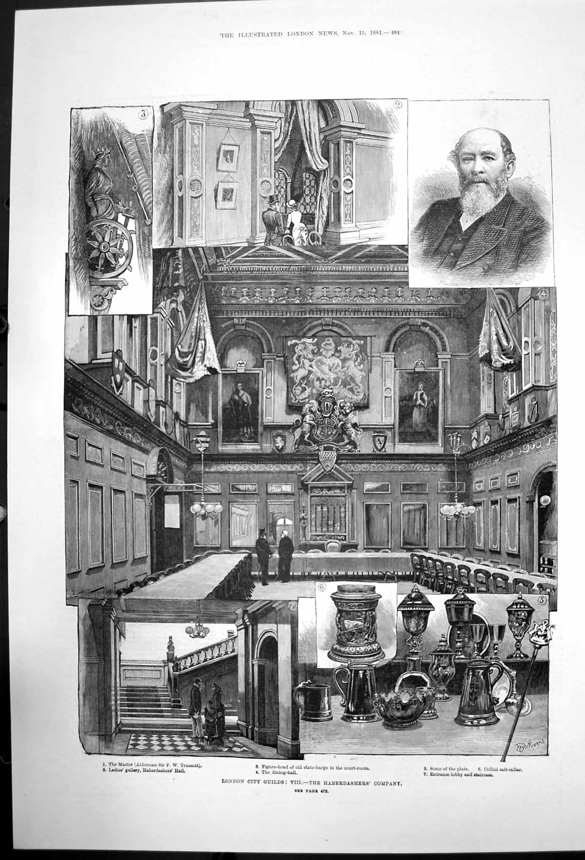 Old Antique Print London City Guilds Haberdashers Company F Truscott 1884 19th