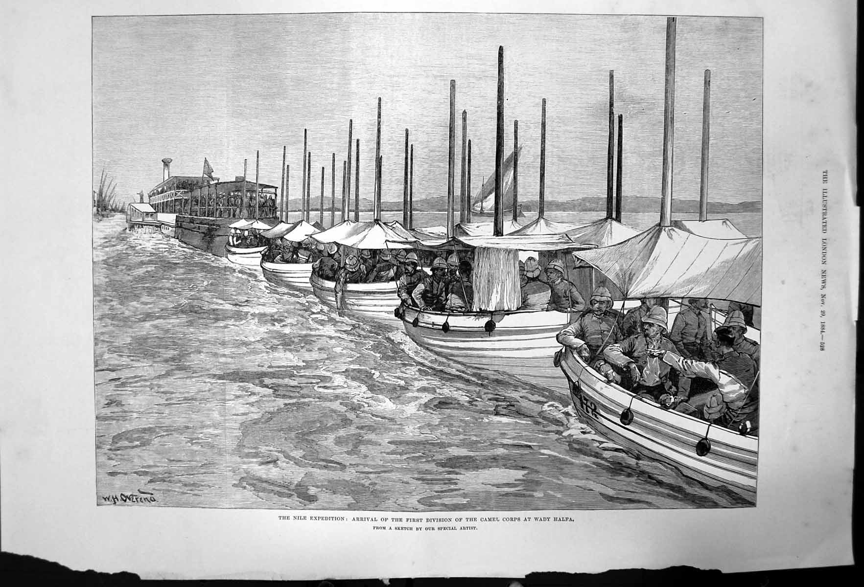 Original Old Antique Print Nile Expedition Arrival Camel Corps Wady Halfa 1884