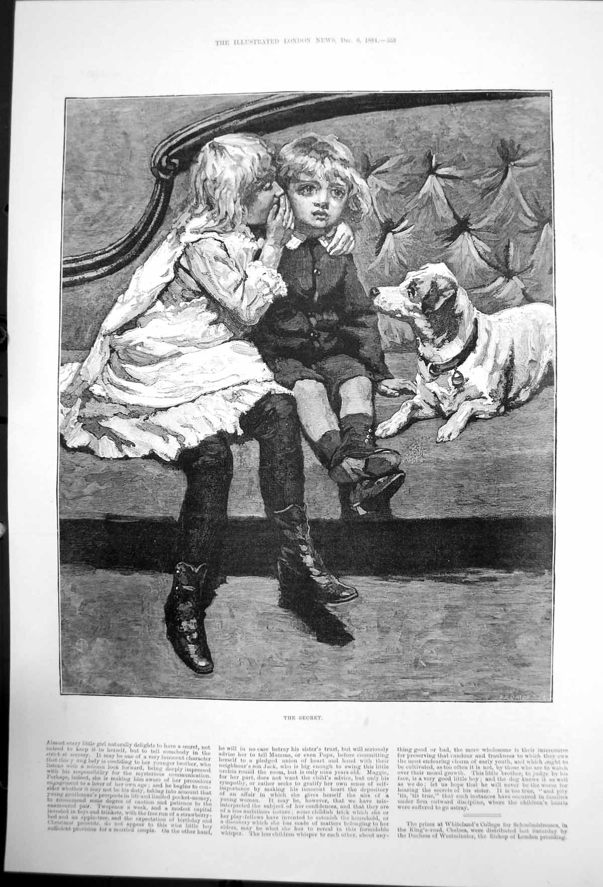 Original Old Antique Print The Secret Girls Whispering & Dog 1884 Victorian
