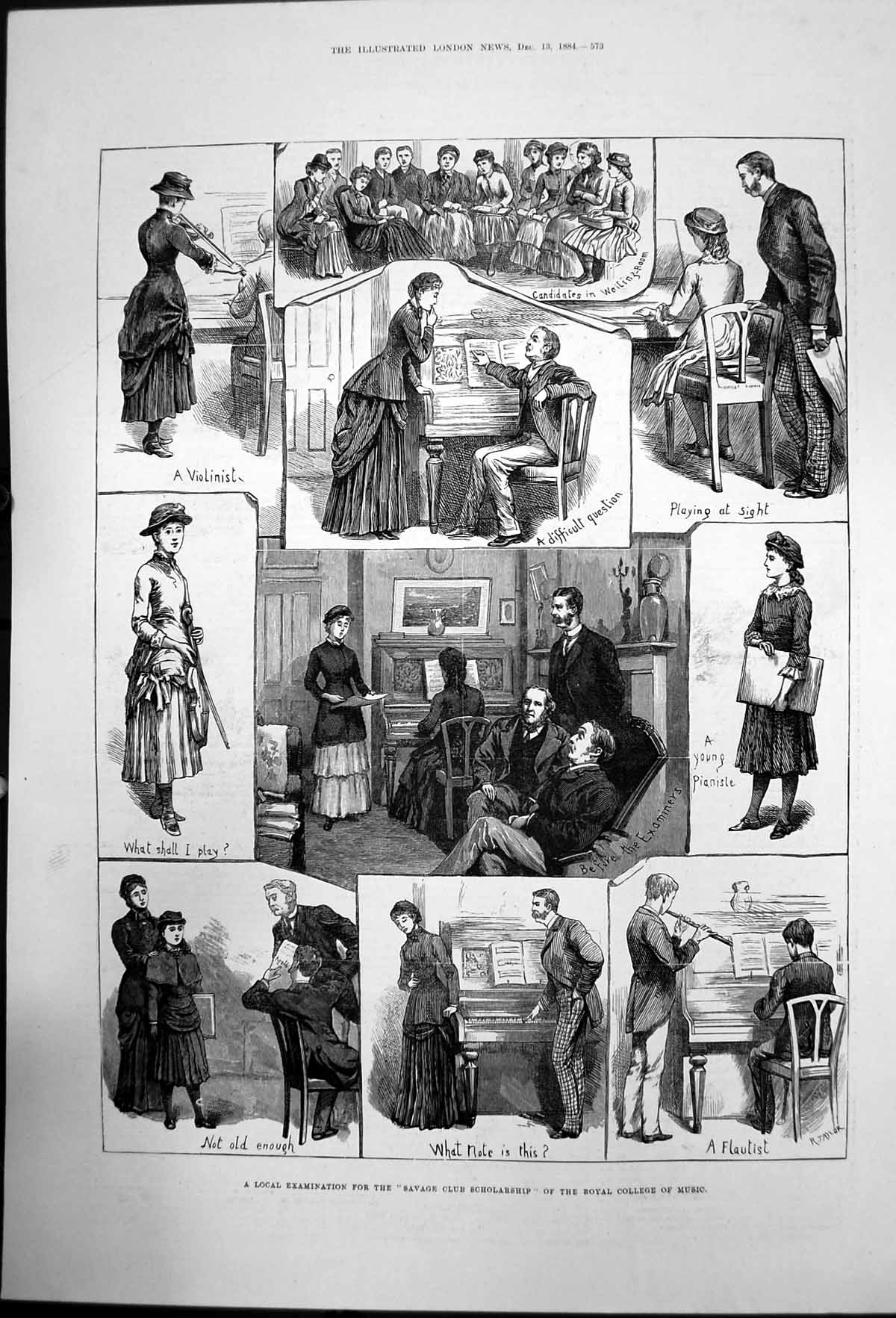 Old Antique Print Exam Savage Club Scholarship Royal College Music 1884 19th