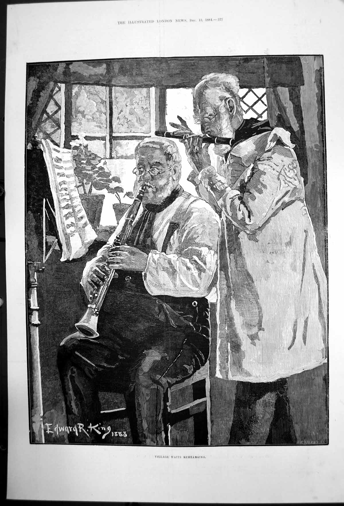 Old Antique Print Village Waits Rehearsing Edward King Playing Music 1884 19th
