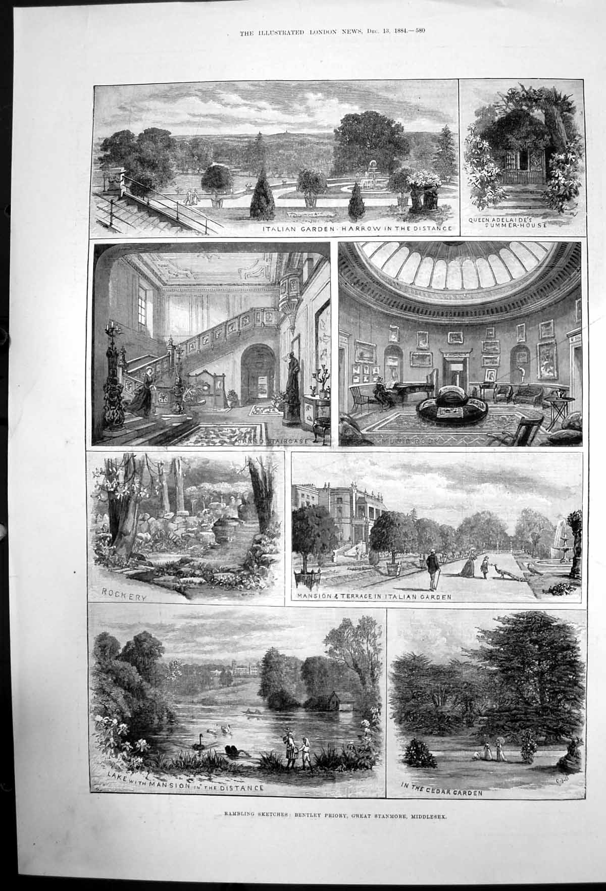 Antique Old Print Bentley Priory Great Stanmore Middlesex Italien Garden 1884