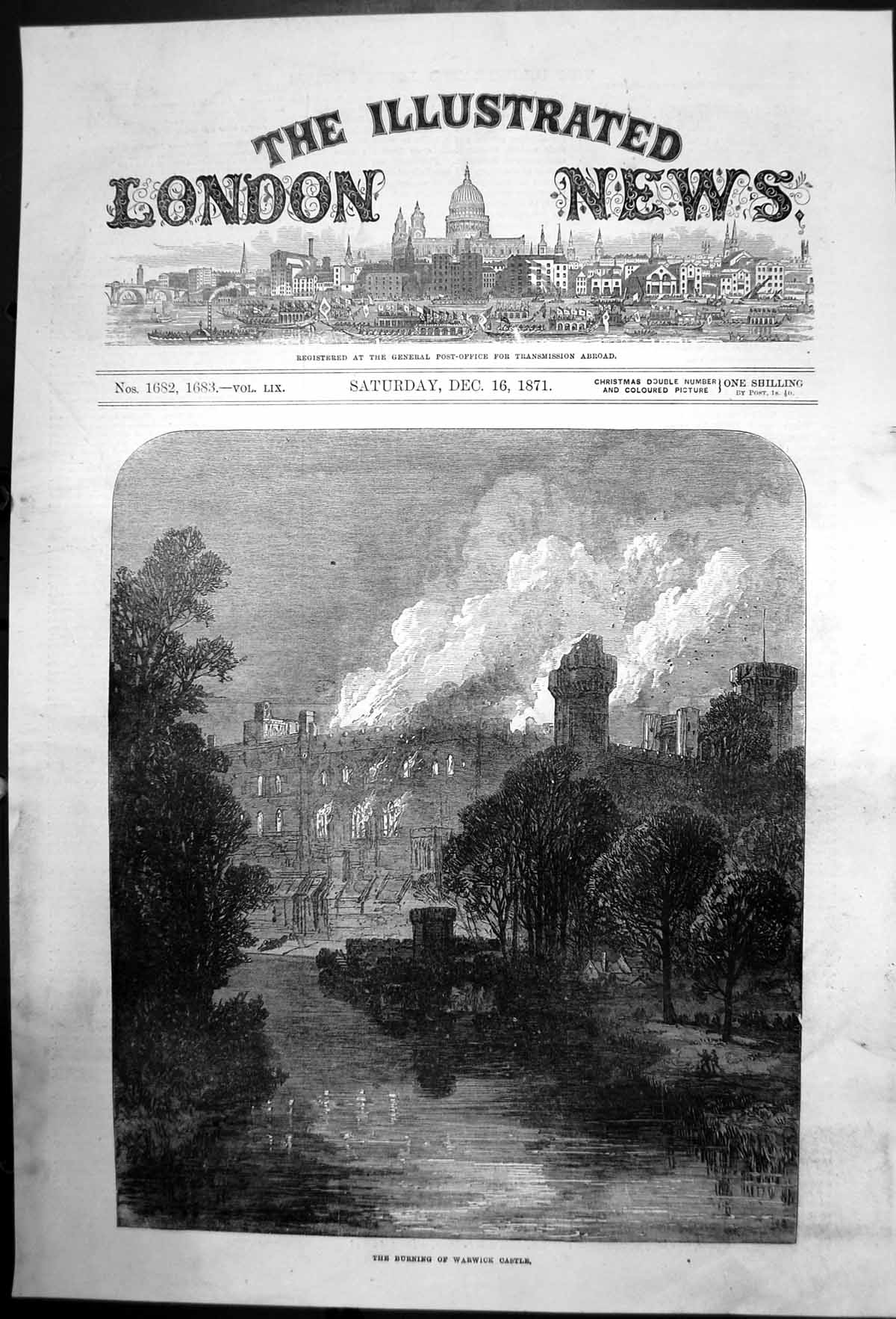 Original Old Antique Print The Burning Warwick Castle 1871 19th