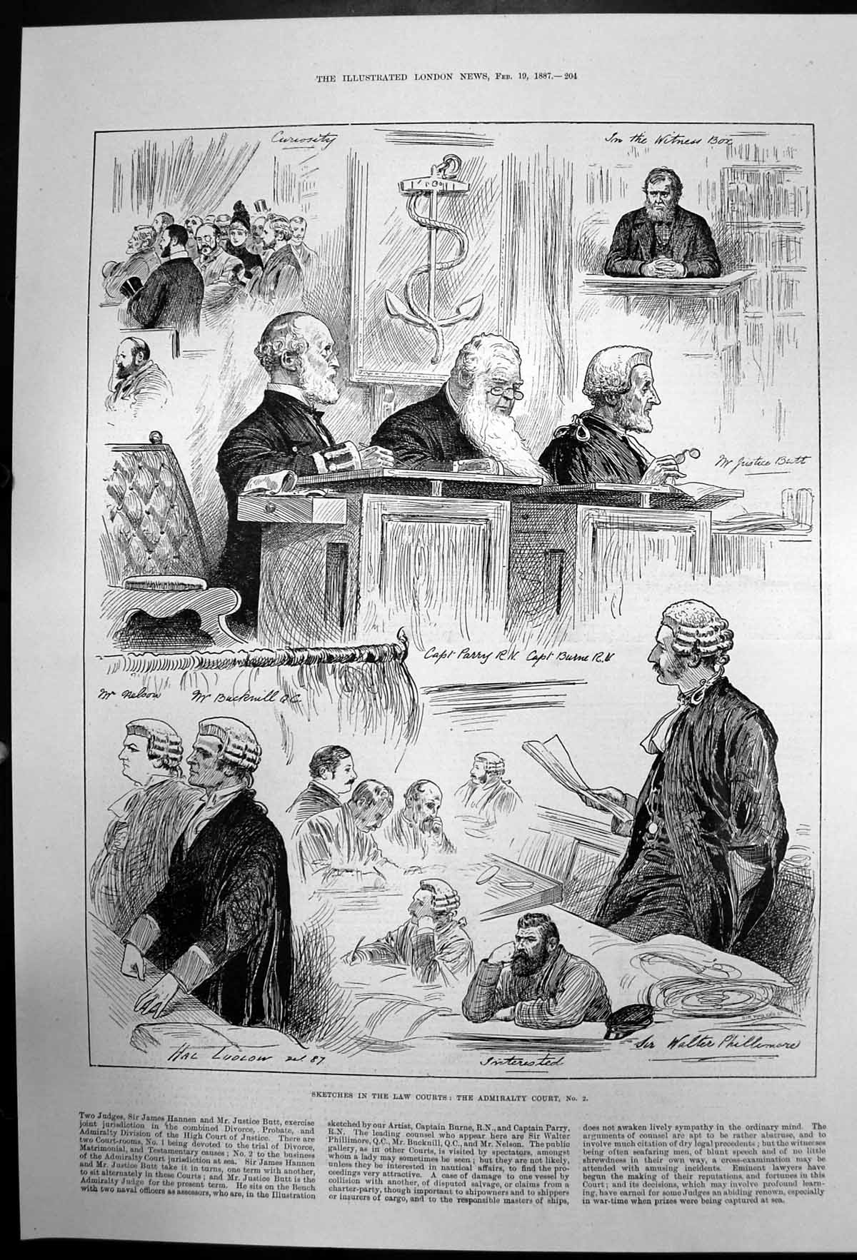 Antique Old Print Sketches Law Courts Admiralty Court Capt Parry Burne 1887
