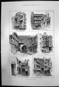 Original Old Antique Print Bits London Inns Sir Paul Pindar Queenshead 1887