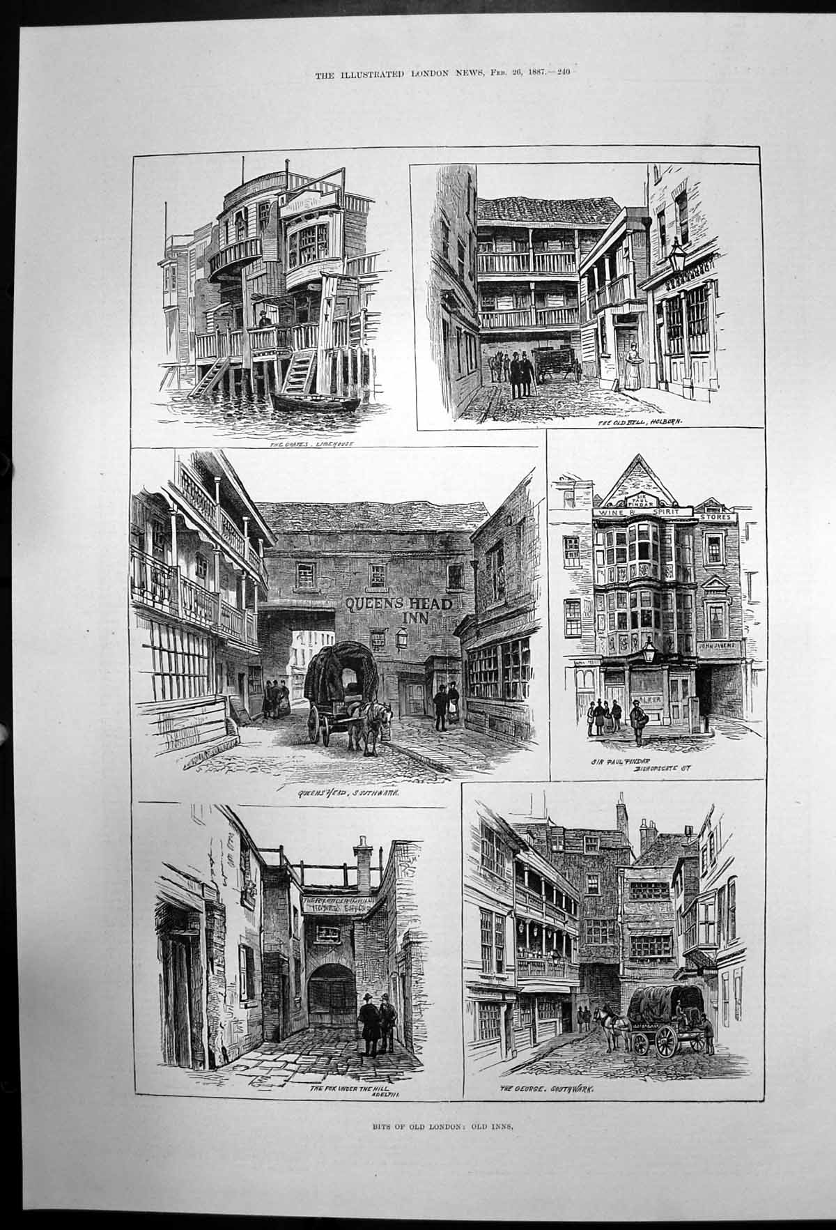Original Old Antique Print Bits London Inns Sir Paul Pindar Queenshead 1887