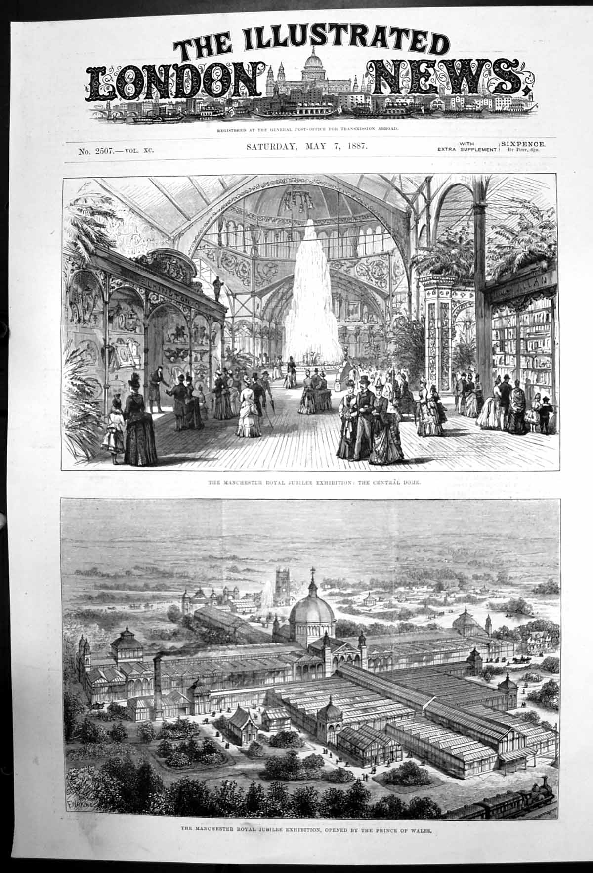 Old Antique Print Manchester Royal Jubillee Exhibition Central Dome 1887 19th