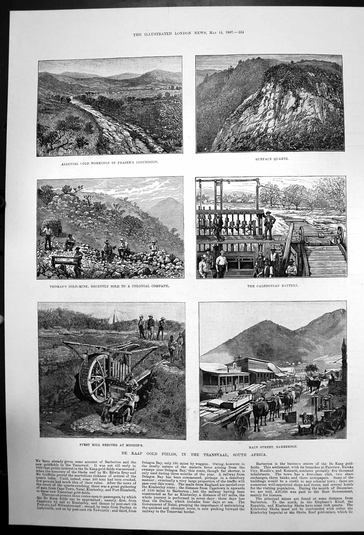 Original Old Antique Print De Kaap GFields In Transvaal South Africa 1887 19th