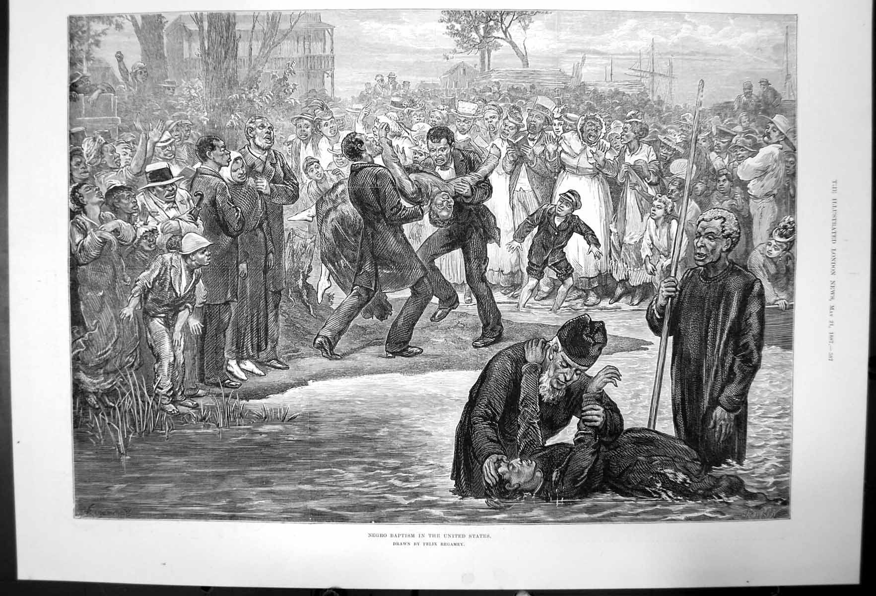 Original Old Antique Print Negro Baptism In United States Felix Regamey 1887