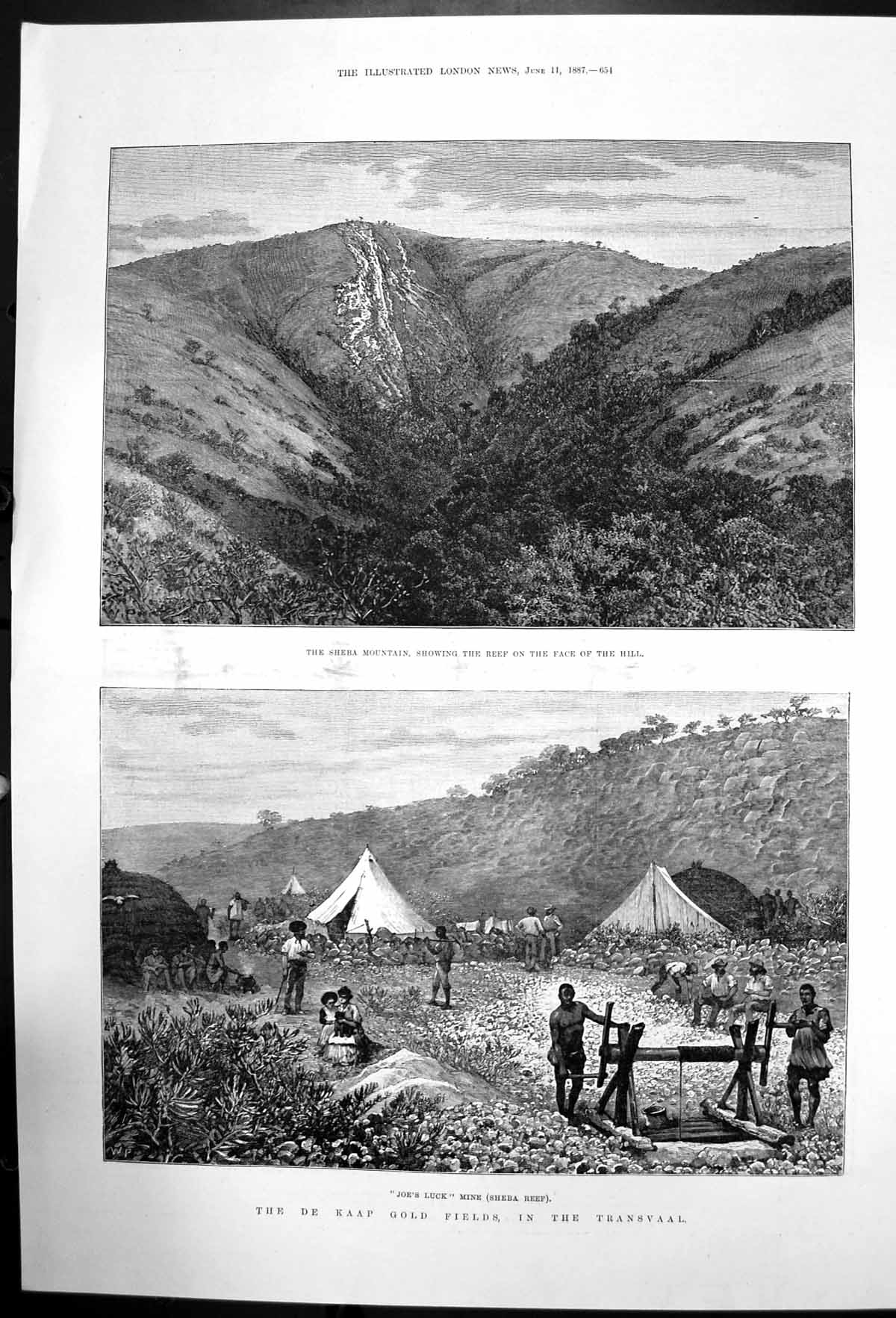 Old Antique Print De Kaap GFields In Transvaal Sheba Reef Mountain 1887 19th