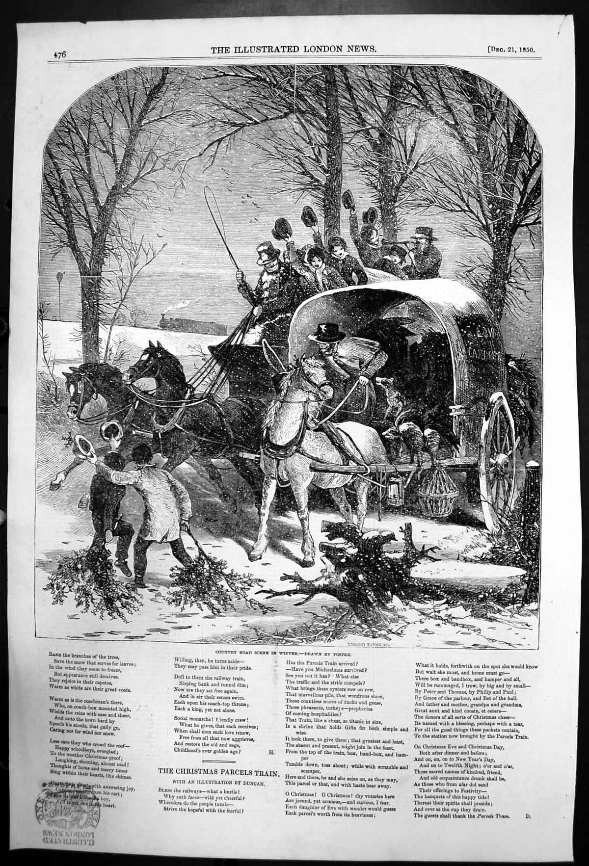 Old Antique Print Country Road Scene By Foster Two Horses Carriages 1850 19th