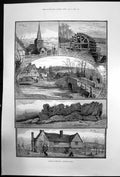 Old Antique Print Rambling Sketches Eynsford Kent Castle Mill Church 1887 19th