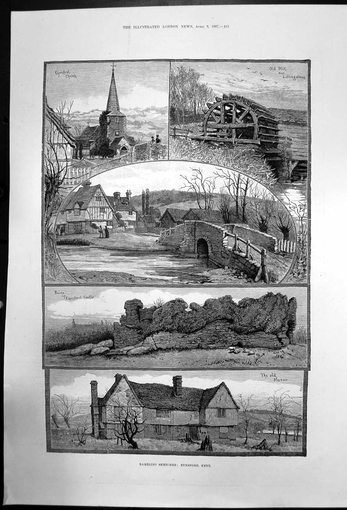 Old Antique Print Rambling Sketches Eynsford Kent Castle Mill Church 1887 19th