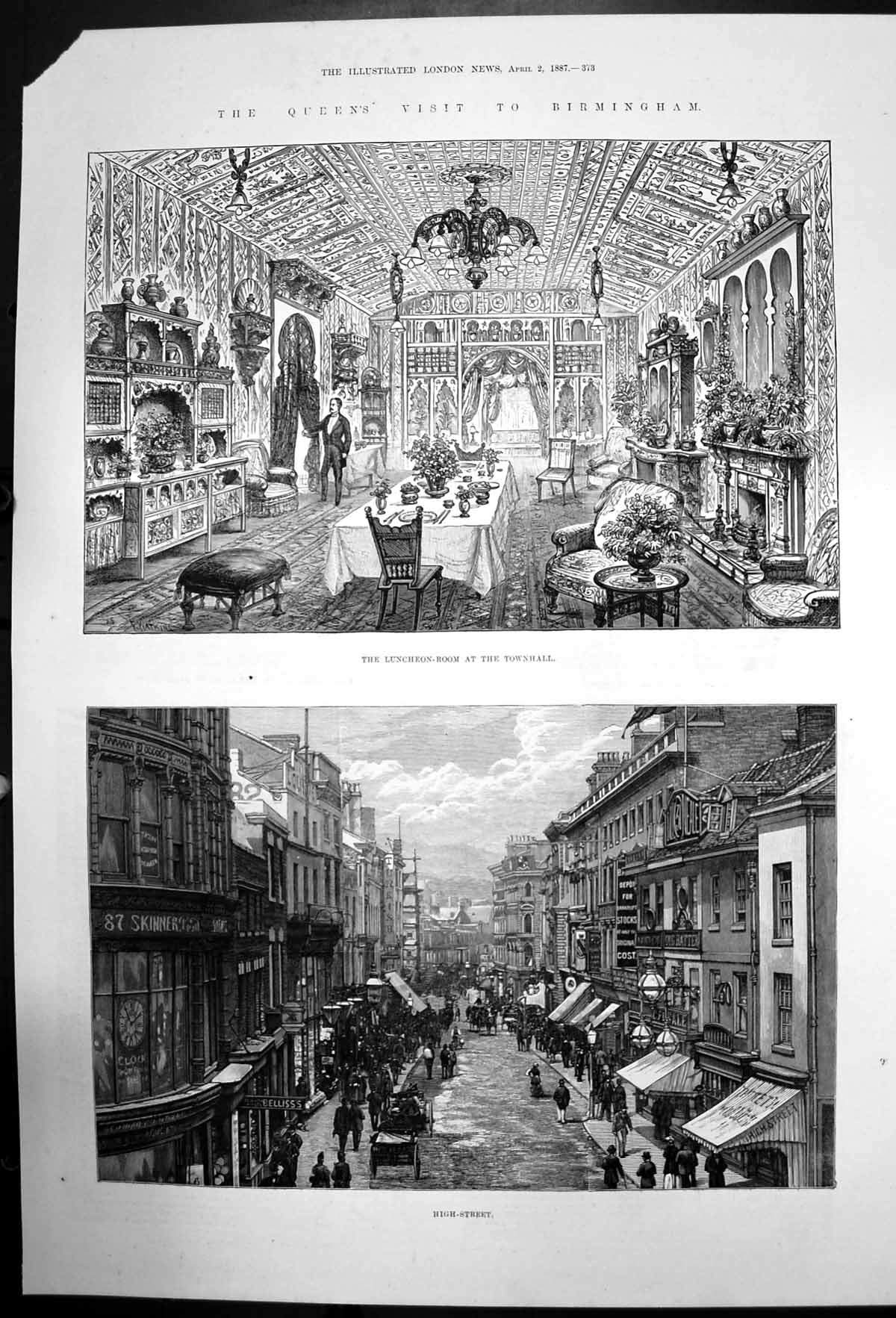 Original Old Antique Print Queens Visit To Birmingham Townhall High Street 1887