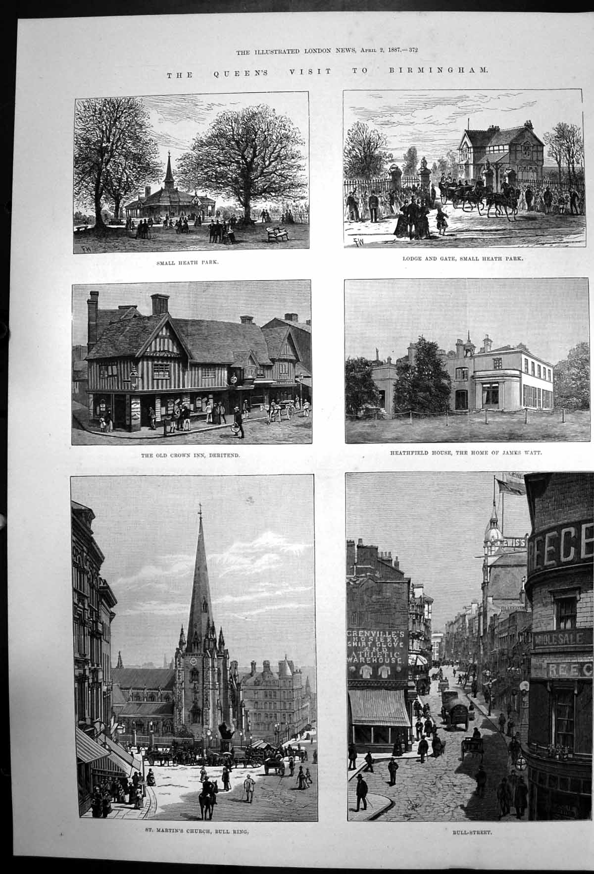 Antique Old Print Queens Visit To Birmingham Heath Park Deritend Bull St 1887