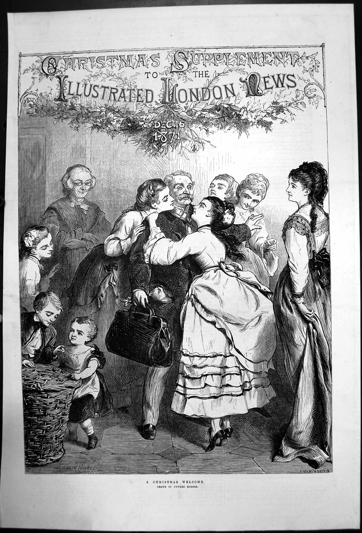 Original Old Antique Print A Christmas Welcome Edward Hughes 1871 Victorian