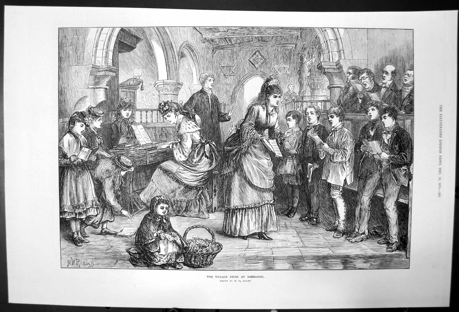 Original Old Antique Print The Village Choir At Rehearsal Mw Ridley 1871 19th