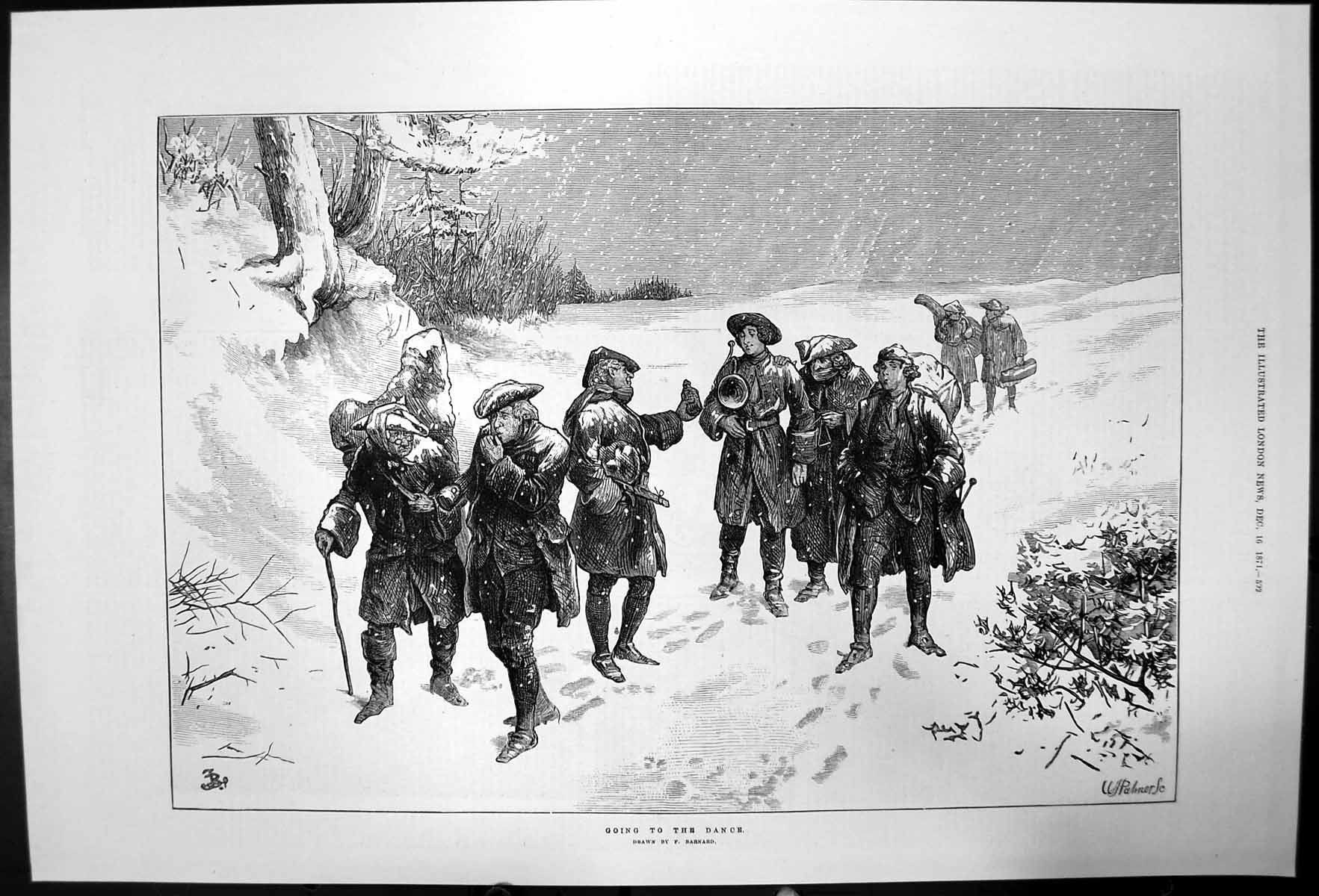 Original Old Antique Print Going To The Dance F Barnard Snow Scene 1871 19th