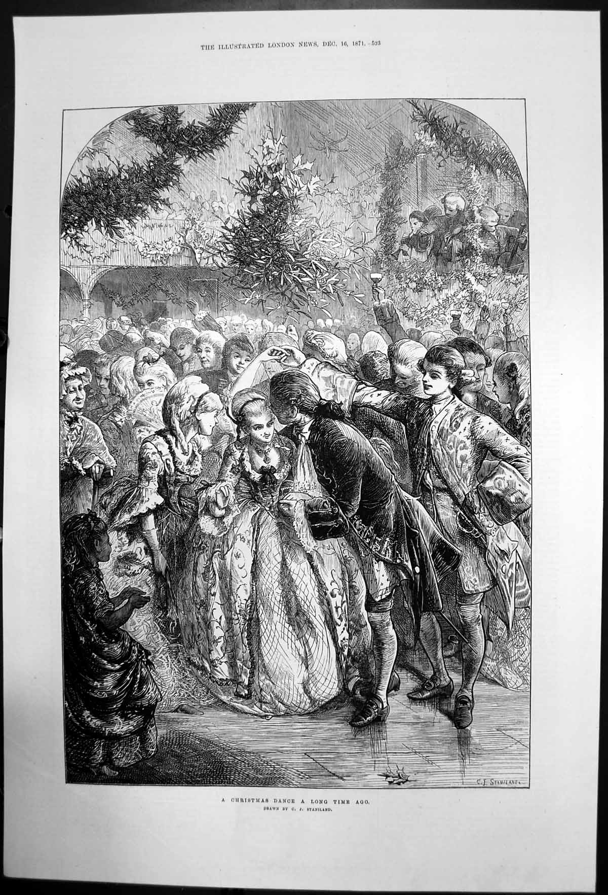 Original Old Antique Print A Christmas Dance A Long Time Ago Cj Staniland 1871