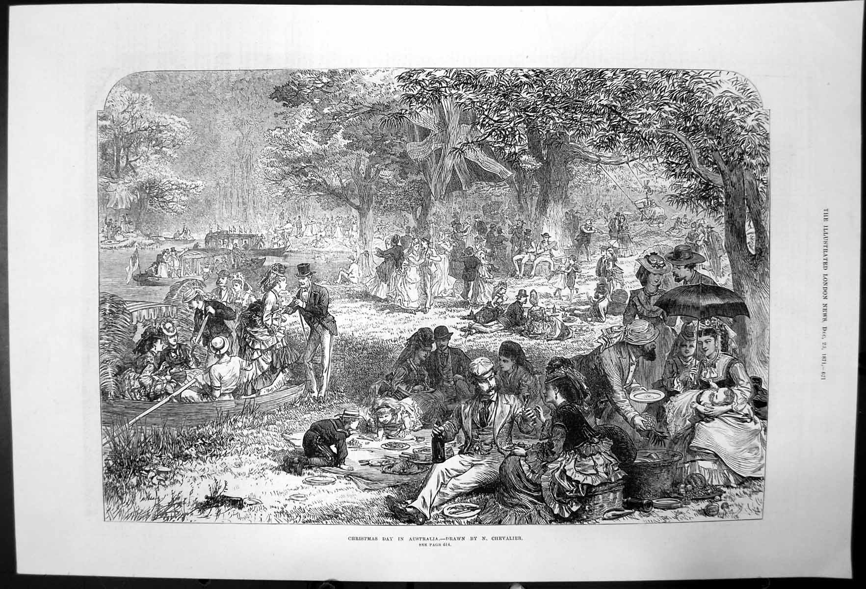 Antique Old Print Christmas Day In Australia N Chevalier Outdoor Scene 1871