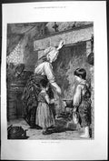 Antique Old Print La Soupe By Edward Caslan Lady Making Soup Black Pot 1871