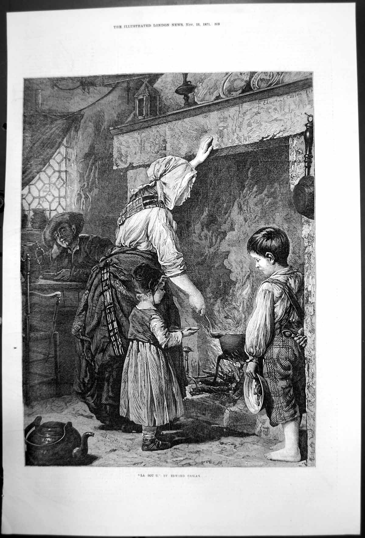 Antique Old Print La Soupe By Edward Caslan Lady Making Soup Black Pot 1871