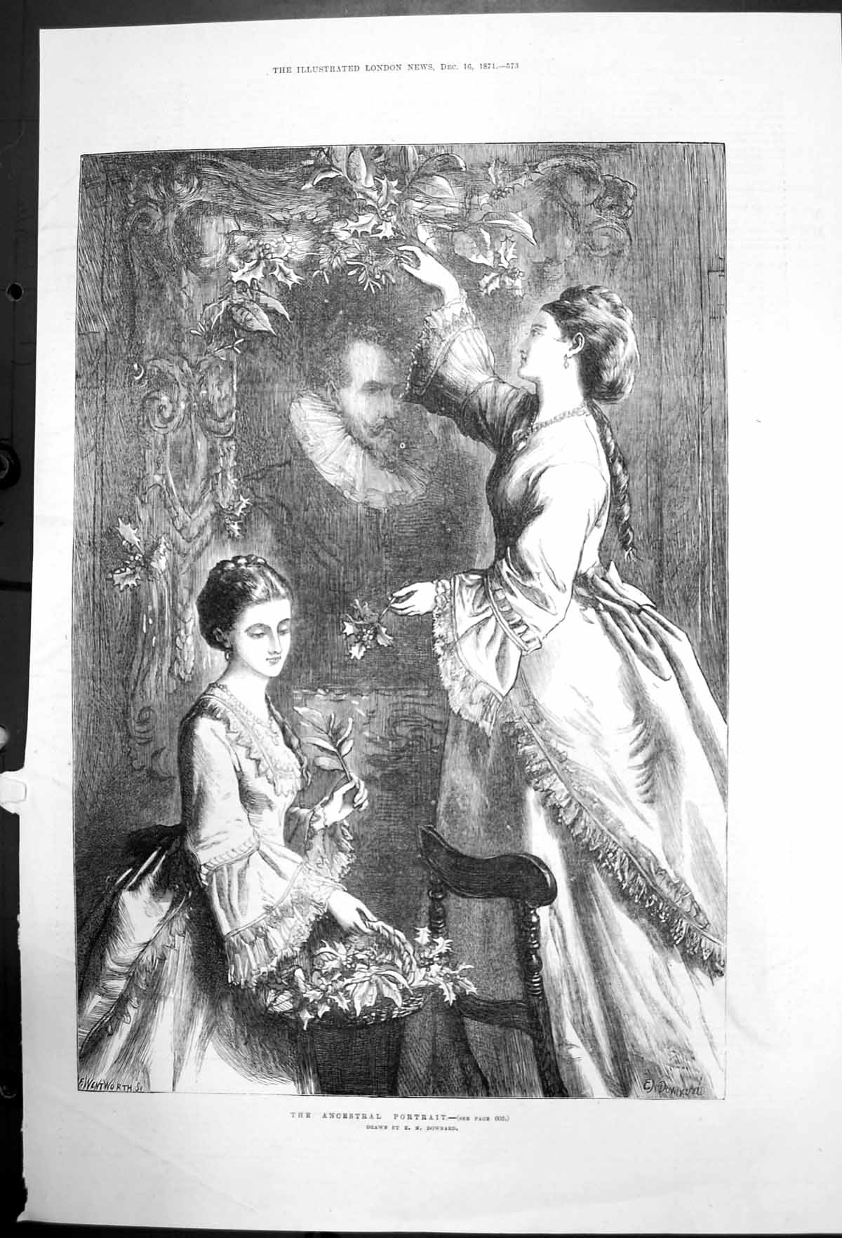 Original Old Antique Print The Ancestral Portrait En Downard Ladies Holly 1871