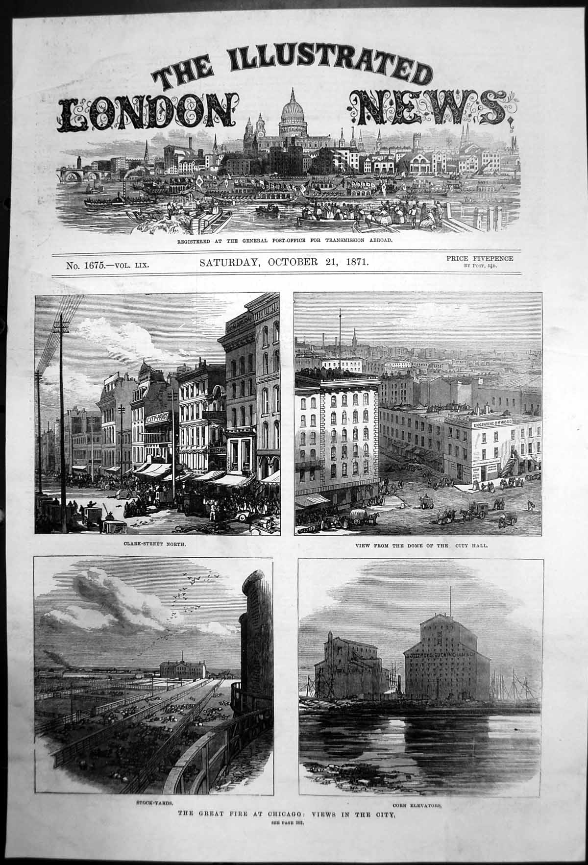 Antique Old Print Great Fire Chicago City Stockyards City Hall Clark St 1871
